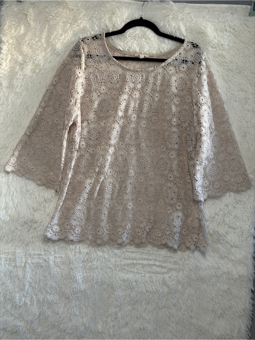 Adiva Womens Boho Fairy Floral Crochet Top 1X Cream Flare Sleeve Scallop Hem